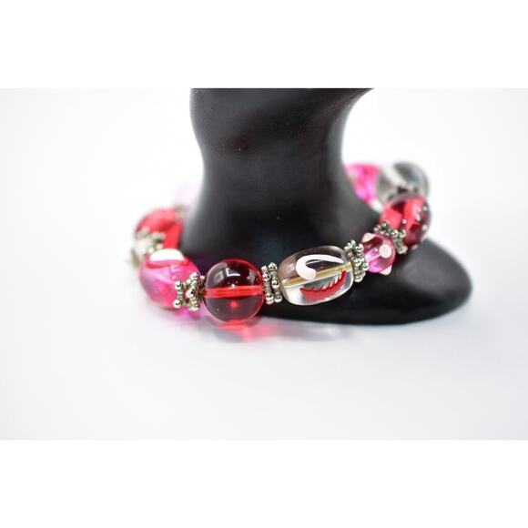 Vintage Stretchy Bracelet Valentine Red Pink Heart Beaded Painted Chunky  Bin4 - Picture 8 of 8